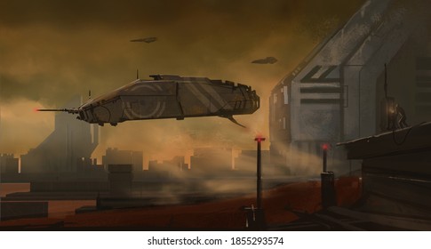 Digital science fiction painting of a space ship flying through a dusty planet space port in the far future - fantasy illustration