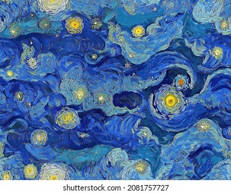 Digital Seamless Painting Pattern Of Cloudy Blue Night Sky With Stars In Impressionist Painting Style.