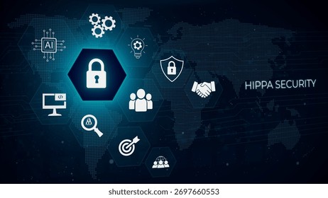 Digital security concept with AI and data protection icons arranged around a central lock symbol on a dark world map background.
