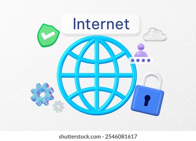 Digital security concept with internet symbols: globe, lock, shield, and gear. Internet safety, online protection, and secure browsing are highlighted. - Powered by Shutterstock