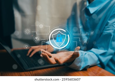 A Digital Security Concept with Lock Symbol and Technology Icons Representing Data Protection, Business concept
