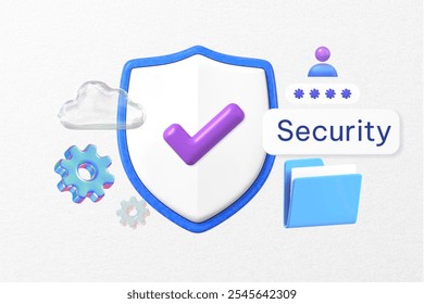 Digital security concept with shield, checkmark, cloud, and gear icons. Emphasizes security, protection, and technology. Secure your data with security tools.