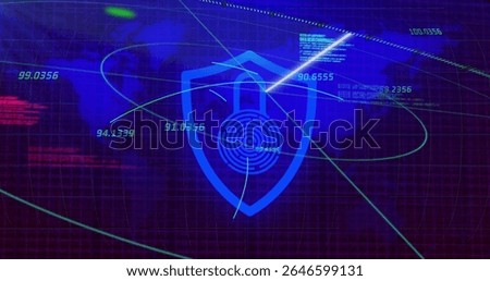 Digital security shield with lock icon over world map and data image. Cybersecurity, protection, encryption, technology, privacy, data security