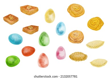Digital set with traditional food 
 for Nowruz holiday. White background.