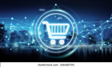 Digital shopping icons with connections on city background 3D rendering