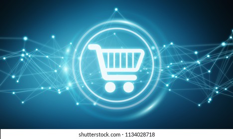 Digital shopping icons with connections on blue background 3D rendering