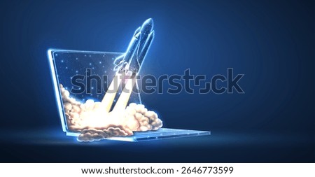Digital shuttle launch. Site startup, new project, fast tech, marketing solution, product innovation, business growth, software development, launch rocket, startup concept