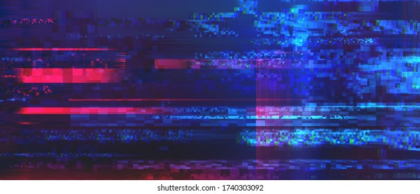 Digital signal damage with strobing effect. Noise, glitch, interference and abstract dark pixels artifacts. Cyberspace, virtual reality, hacked system concept.