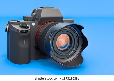 Digital single-lens reflex camera on blue background, 3D rendering