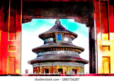 Digital Sketch   Drawing and color marker pen Hall for pray good harvest (Qi nian dian) in blue sky day and red door frame Temple Heaven in Beijing city  China 
