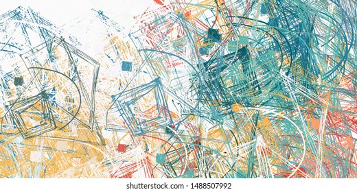 Digital sketch on colorful wall mix. 2d illustration. Texture backdrop painting matrix form. Creative chaos structure element material creation bitmap figures. Acrylic vivid variety.