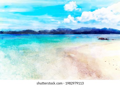 Digital Sketch Painting Water Color Painting Of Beautiful Andaman Sea, Clear Tropical Turquoise Sea And White Sand Beach With Blue Sky Background At Lipe Island, Thailand -  Summer Vacation Travel