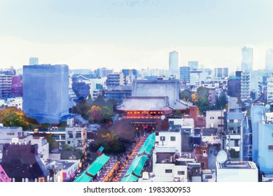 Digital Sketch Painting Water Color Painting Of Top View Of Tokyo Skyline With Tourists Walk On Nakamise Dori In Arcade At Senso-ji, Tokyo City, Japan