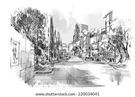 digital sketch of a street park,hand drawn illustration