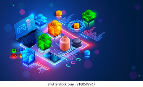 Digital Software For Technical Education Of Teenagers. Children Code A Simple Computer Video Game Program On Laptop. Isometric Banner Stem-education Training For Children. Programming Course.