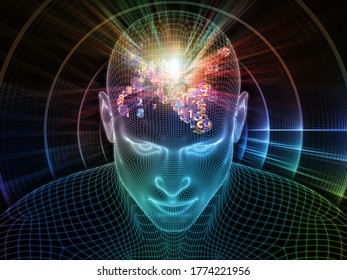 Digital Space. Lucid Mind series. Design composed of 3D rendering of glowing wire mesh human face as a metaphor for artificial intelligence, human consciousness and spiritual AI