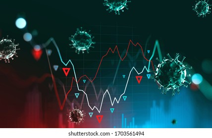 Digital Stock Market Falling Graph And Blurry Coronavirus. Concept Of Stock Market Crash Due To Covid 19 Coronavirus Pandemic. 3d Rendering Toned Image Double Exposure