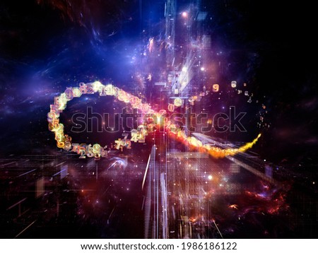 Digital Stream series. 3D rendering of structures, lights and number trails in dark space on the subject of information technology, science and education