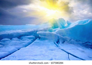 Digital Structure Of Painting. Ice In Antarctica With The Sun