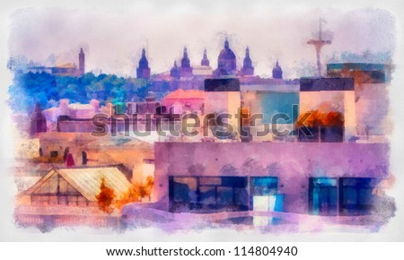 Digital structure of painting. Look with top on the city of Barcelona