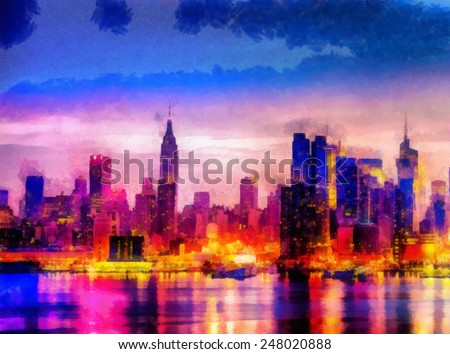 Digital structure of painting. Night cityscape