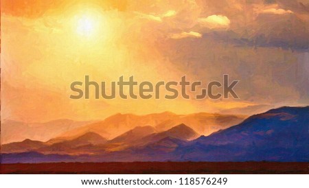 Digital structure of painting. Summer landscape in mountains with the sun