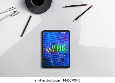 Digital tablet closeup with hacking theme drawing on screen. Data safety concept. 3d rendering.