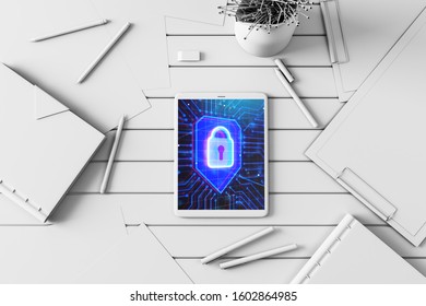 Digital tablet closeup with lock icon drawing on screen. Data safety concept. 3d rendering.