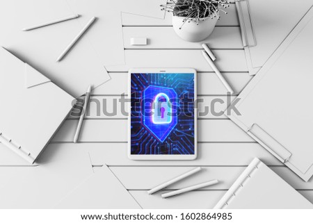 Digital tablet closeup with lock icon drawing on screen. Data safety concept. 3d rendering.