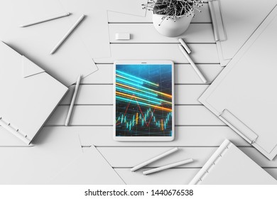 Digital tablet closeup top view with financial graph on screen. Online trading application concept. 3d rendering.