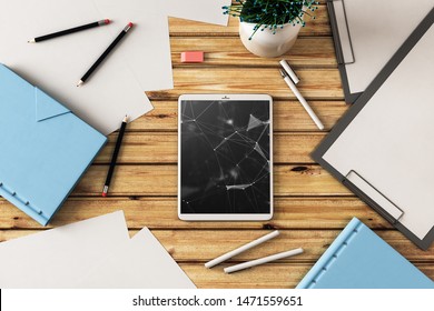 Digital tablet closeup top view with tech pic on screen. Online technology concept. 3d rendering.