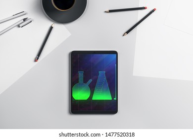 Digital tablet closeup top view with flasks pic on screen. Education concept. 3d rendering.