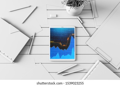 Digital tablet closeup top view with financial graph on screen. Online trading application concept. 3d rendering.