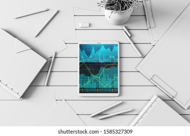 Digital tablet closeup top view with financial graph on screen. Online trading application concept. 3d rendering.