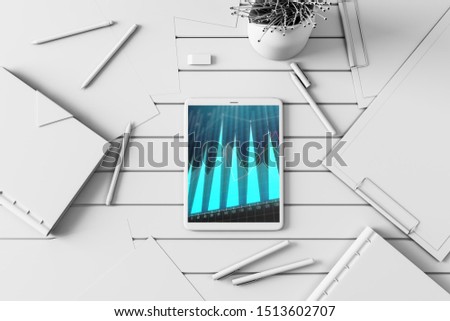 Digital tablet closeup top view with financial graph on screen. Online trading application concept. 3d rendering.