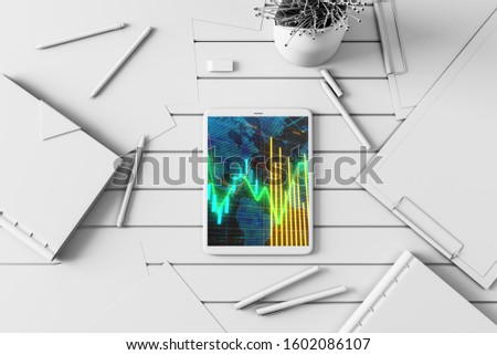 Digital tablet closeup top view with financial graph and partial world map on screen. Online international trading application concept. 3d rendering.