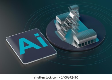 digital tablet with industrial building. 3d rendering
