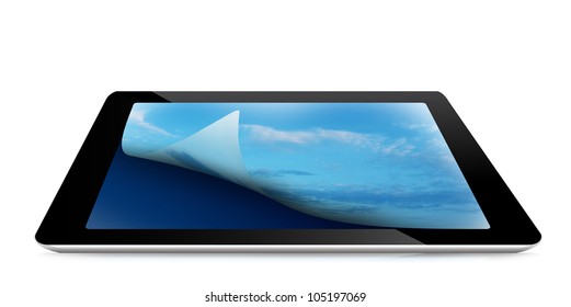 Digital tablet pc with cloudy sky on the screen, isolated on white background (Save Paths For design work)