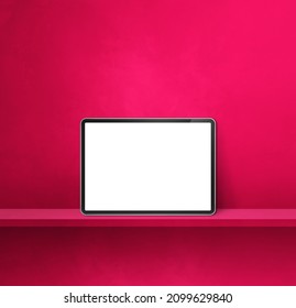 Digital tablet pc on pink wall shelf. Square background banner. 3D Illustration