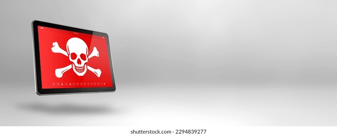 Digital tablet PC with a pirate symbol on screen. Hacking and virus concept. 3D illustration isolated on White background. Horizontal banner - Shutterstock ID 2294839277