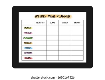 Digital Tablet With Weekly Meal Planner, Health Monitoring, Tracker App On Screen, Isolated On White Background. Healthy Diet, Nutrition And Weight Loss Concept.