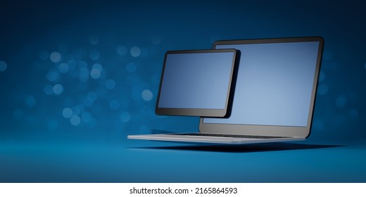Digital Tech Concept. Blue Gadgets (laptop And Tablet). Mockup Banner For Presentation Porting Programs And Development Of Cross-platform Software. 3d Render, 3d Illustration