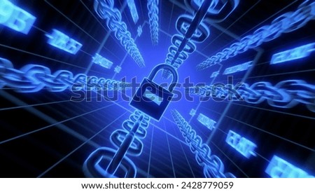 A digital tech style image showing a central padlock surrounded by chains.

