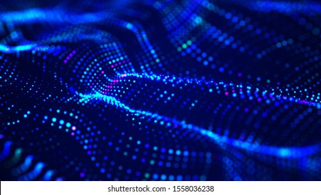 Digital technology background. Big data digital code. Futuristic dots background. Colored  music wave. 3D rendering.