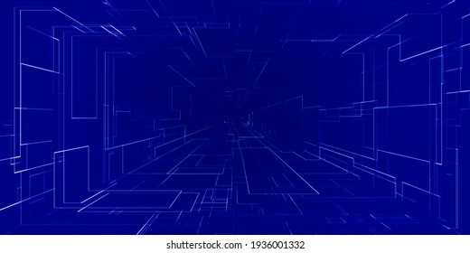 Digital Technology Blue Tunnel Speed Wrap Hi Tech Background. Hi Tech Digital Concept.