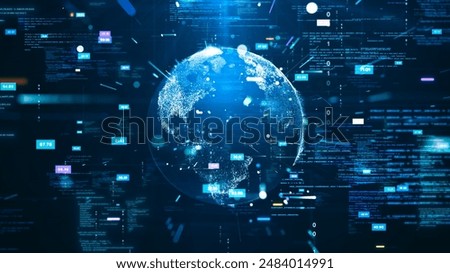 Digital technology concept with Earth surrounded by data streams and abstract binary codes. Global network communication on dark blue background.