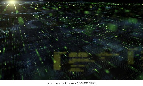 Digital  technology  in the future  concept. 3d rendering with lines and digital elements HUD. Matrix particles cyber city space and hud windows move, network data and virtual reality world pixelated