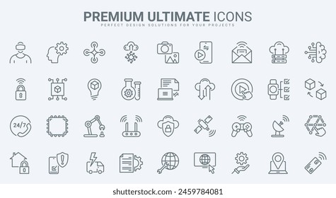 Digital technology for future innovation thin line icons set illustration. Outline modern machines and futuristic science symbols, AI and virtual reality glasses for user, automation software