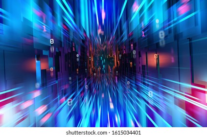 Digital Technology. High Speed Data Transfer. Information Flow In 3D Illustration. Movement In Futuristic Neon Cyberspace