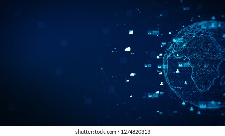 Digital Technology Network Data and Communication Concept Abstract Background. Earth element furnished by Nasa